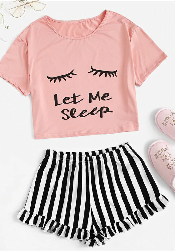 Graphic Tee Frilled Striped Shorts PJ Set