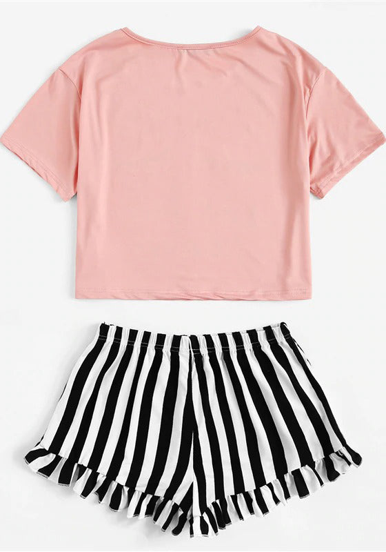 Graphic Tee Frilled Striped Shorts PJ Set