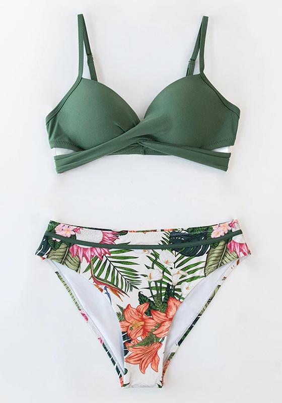 Black Floral Push Up Mid-Waist Bikini Set