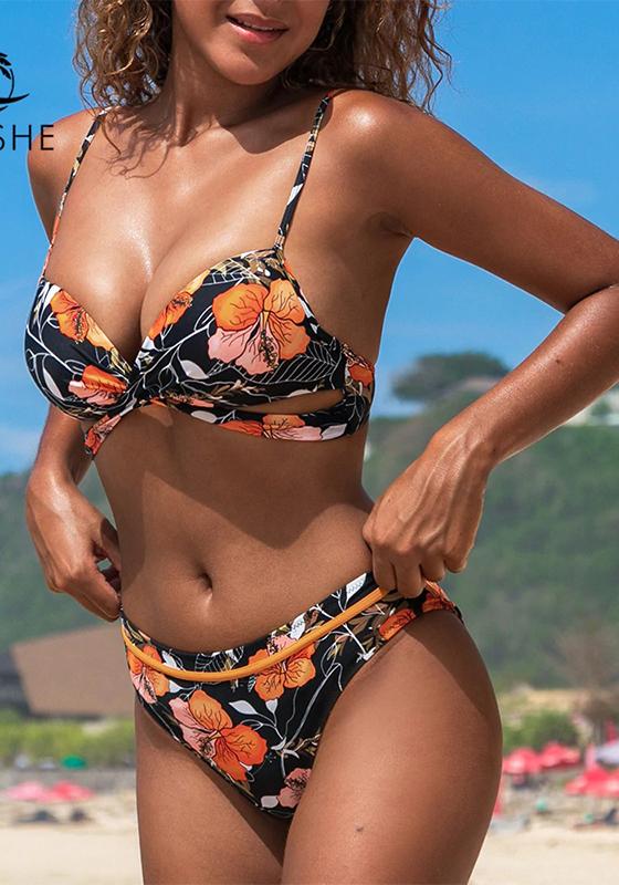 Black Floral Push Up Mid-Waist Bikini Set