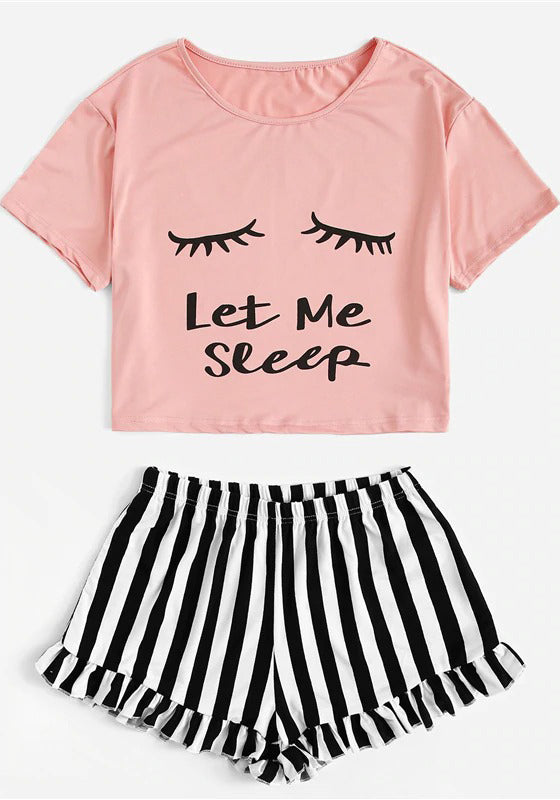 Graphic Tee Frilled Striped Shorts PJ Set