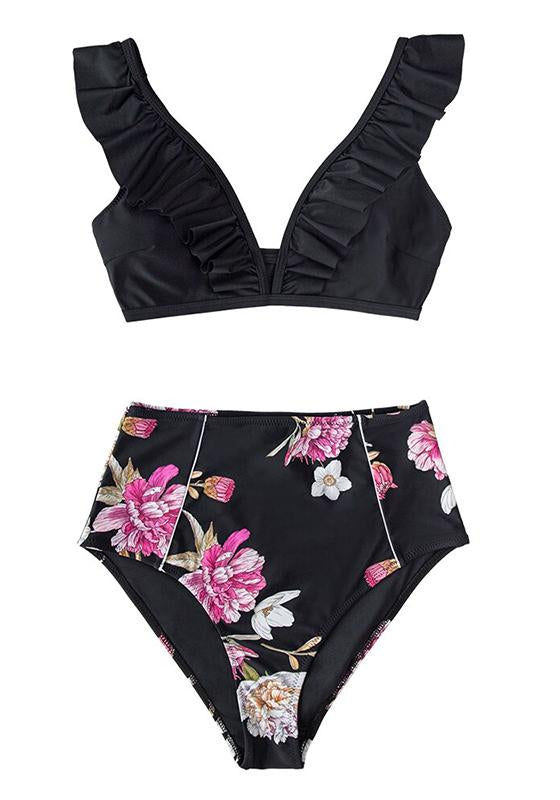 Pink And Blue Floral Ruffled High-Waist Bikini Set