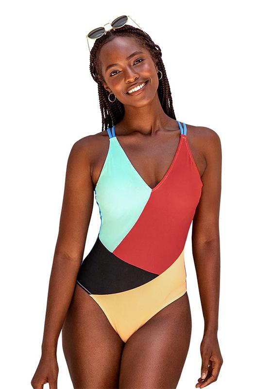 Colorblock V-Neck Open Back One-Piece