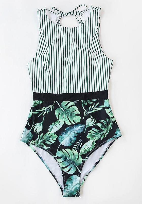 Black Striped And Green Leaf One-piece