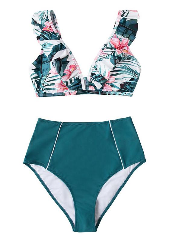 Pink And Blue Floral Ruffled High-Waist Bikini Set