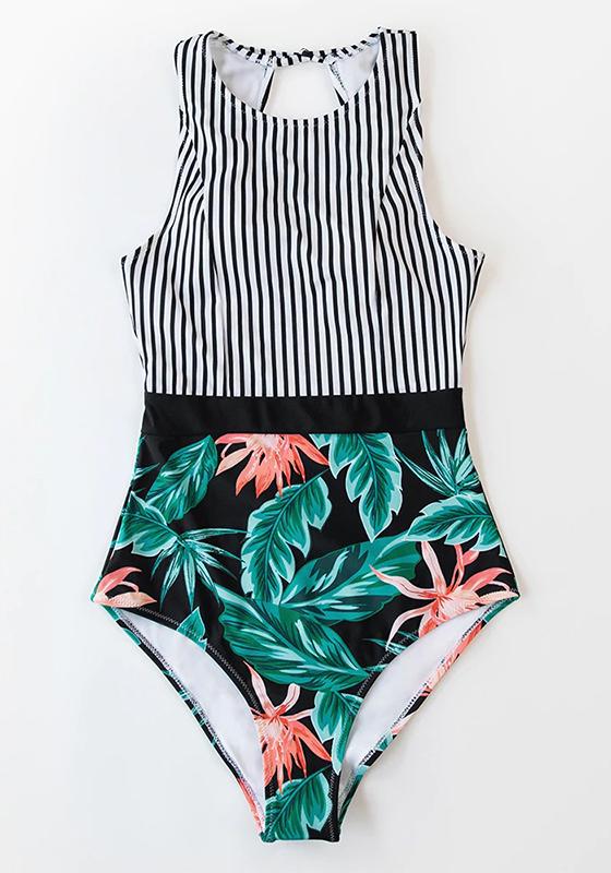 Black Striped And Green Leaf One-piece