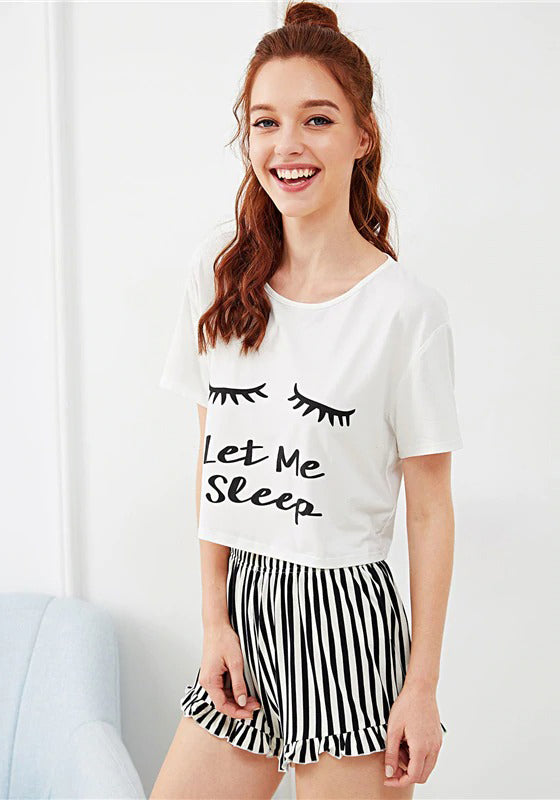 Graphic Tee Frilled Striped Shorts PJ Set