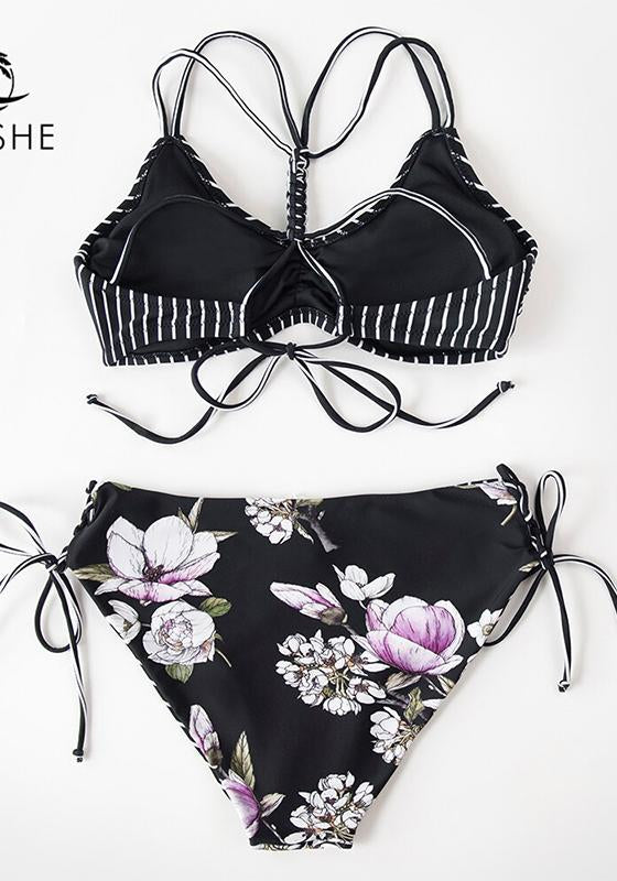 Black Stripe Floral Low Waist Bikini Set