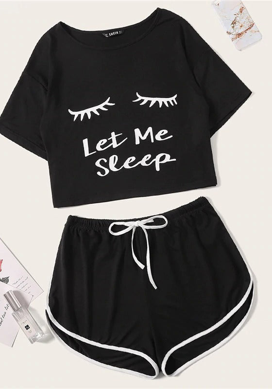 Graphic Tee Frilled Striped Shorts PJ Set