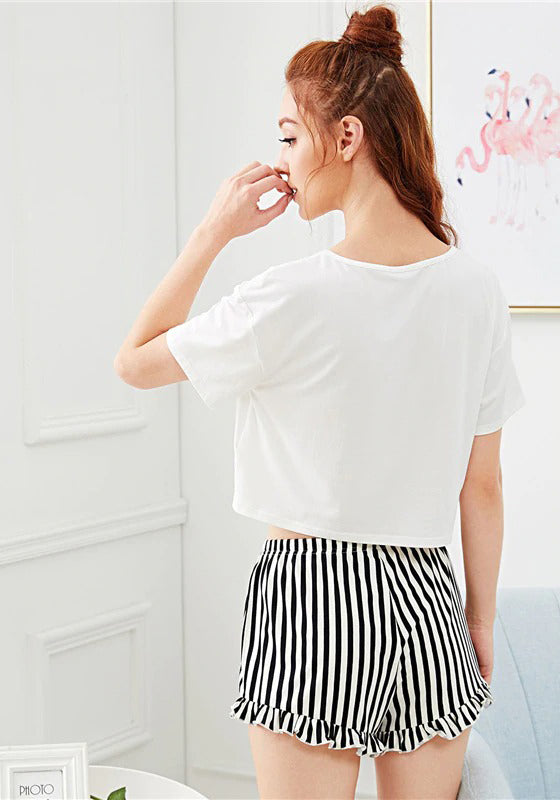 Graphic Tee Frilled Striped Shorts PJ Set