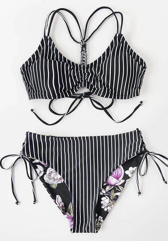 Black Stripe Floral Low Waist Bikini Set