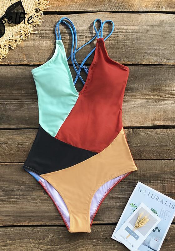 Colorblock V-Neck Open Back One-Piece