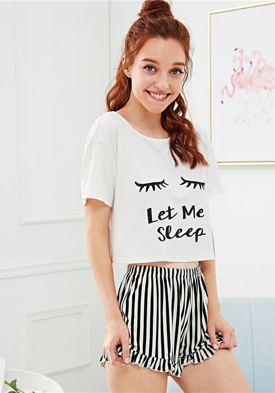 Graphic Tee Frilled Striped Shorts PJ Set