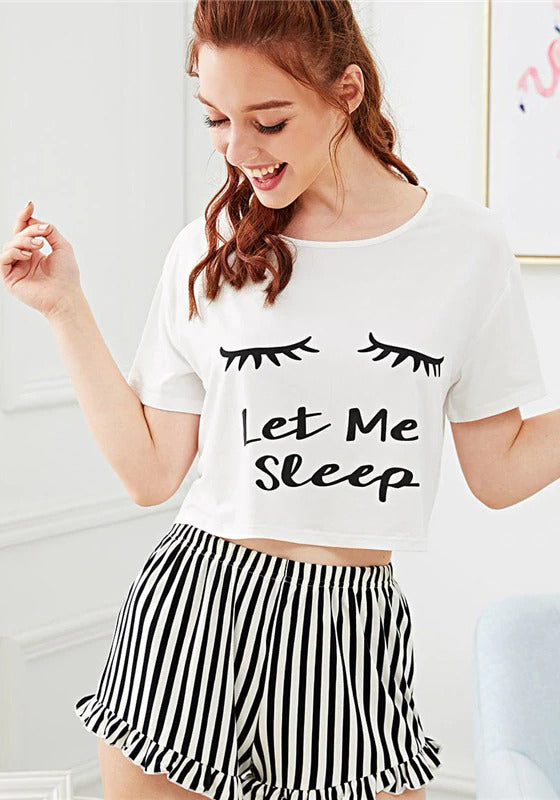 Graphic Tee Frilled Striped Shorts PJ Set