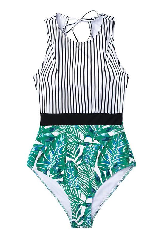 Black Striped And Green Leaf One-piece