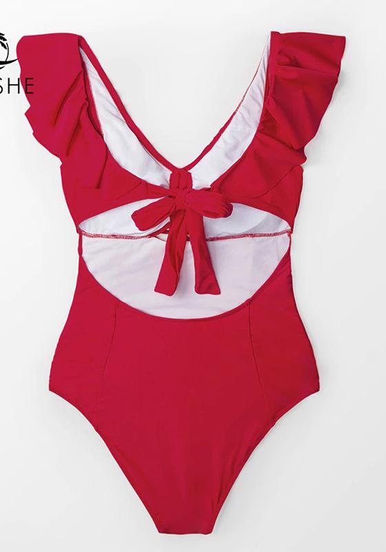 Red Ruffled One Piece Swimsuit