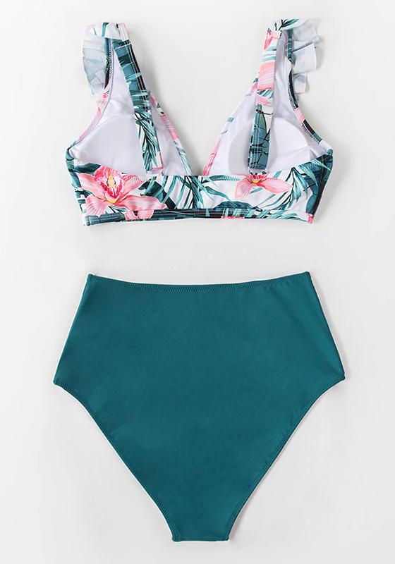 Pink And Blue Floral Ruffled High-Waist Bikini Set