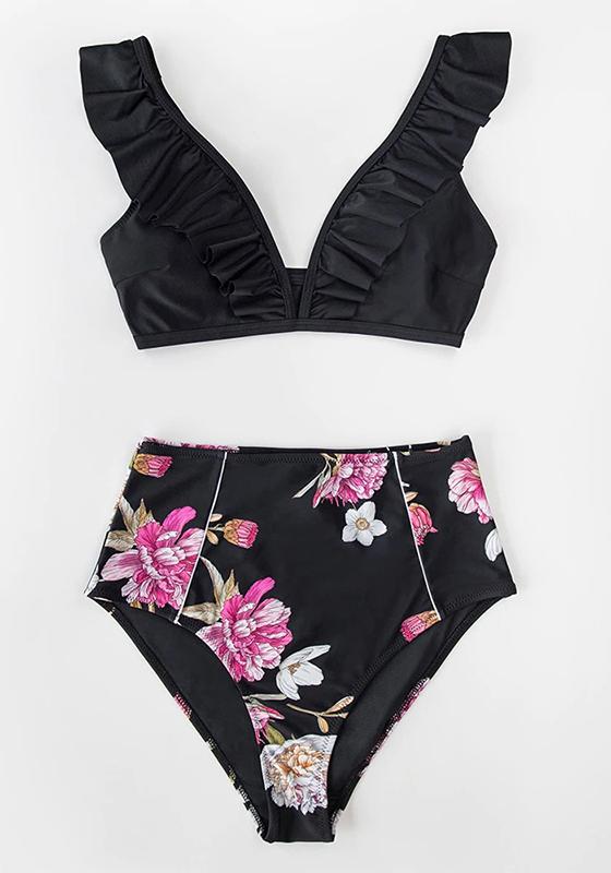 Pink And Blue Floral Ruffled High-Waist Bikini Set