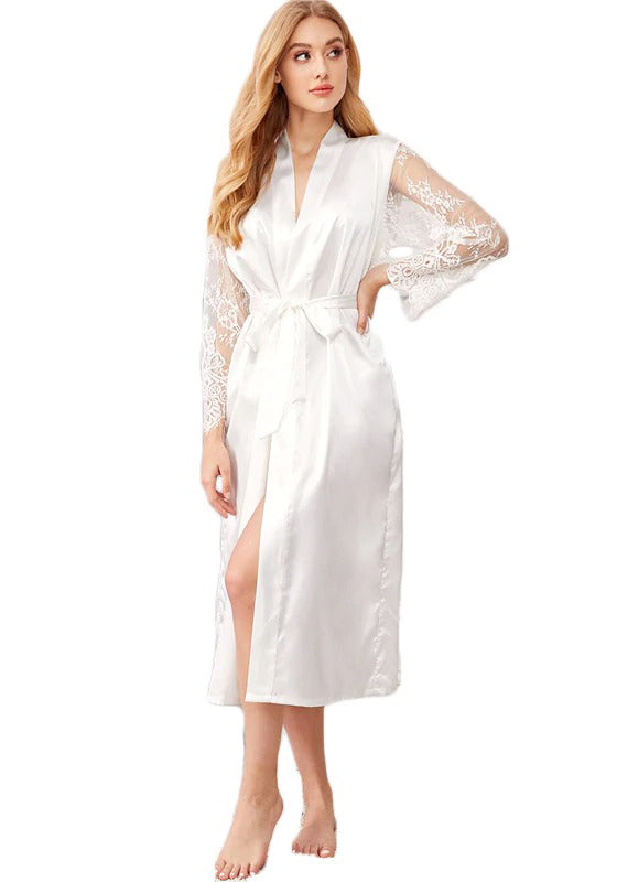 White Floral Lace Sleeve Satin Belted Long Robe