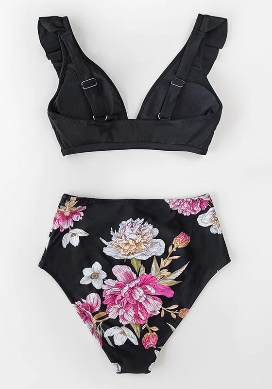 Pink And Blue Floral Ruffled High-Waist Bikini Set