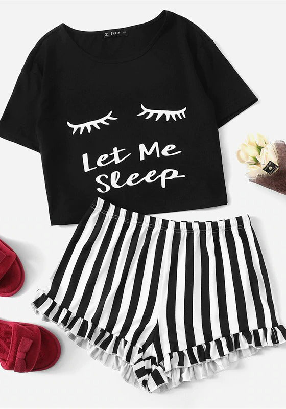 Graphic Tee Frilled Striped Shorts PJ Set