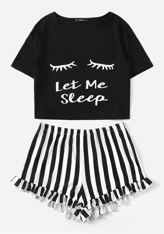 Graphic Tee Frilled Striped Shorts PJ Set