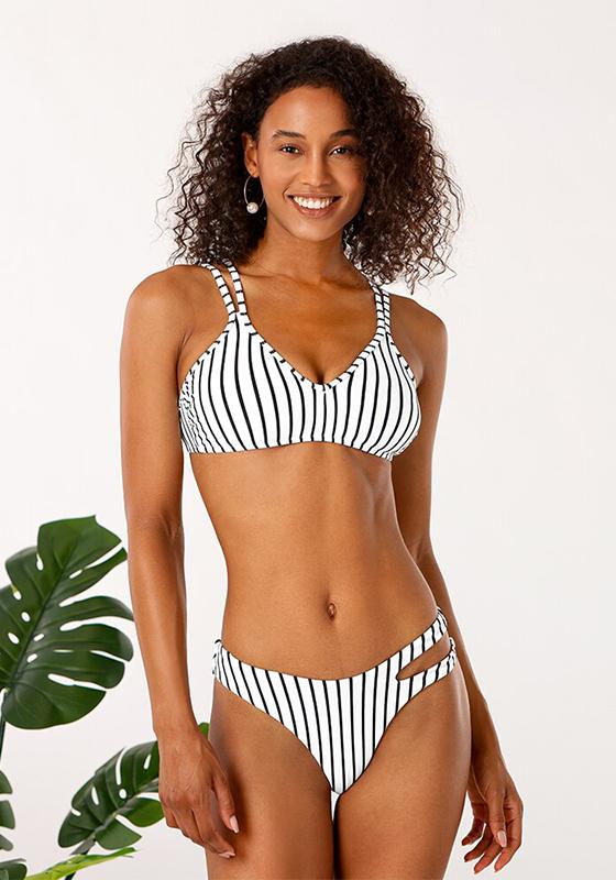 Black White Striped Strappy Cutout Bikini Set