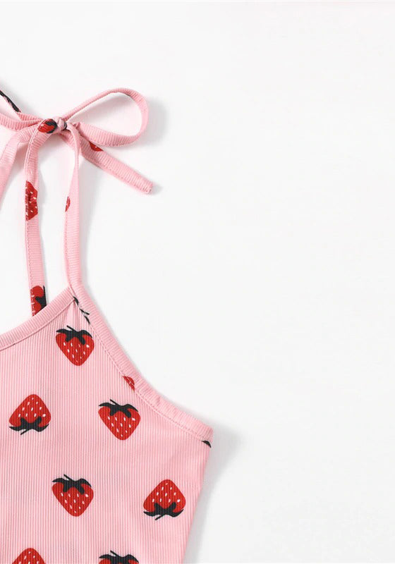 Baby Pink Strawberry Print Knot-straps Pajama Set