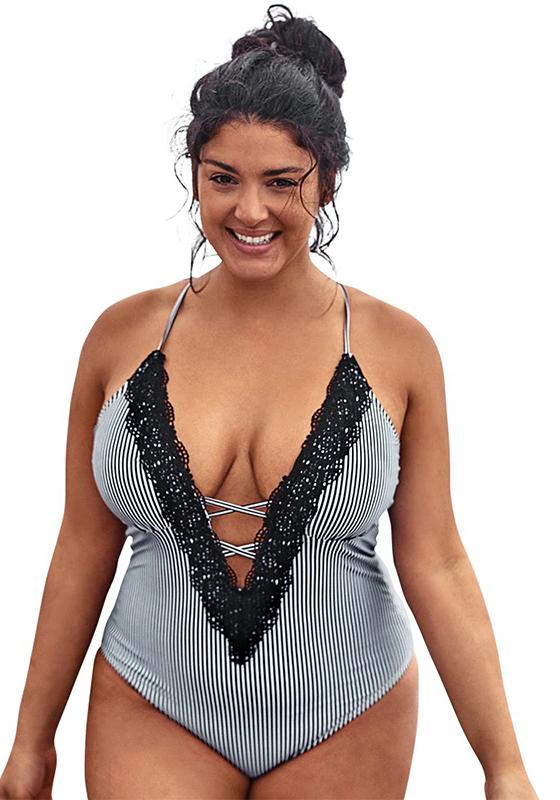 Striped Deep V-neck One Piece