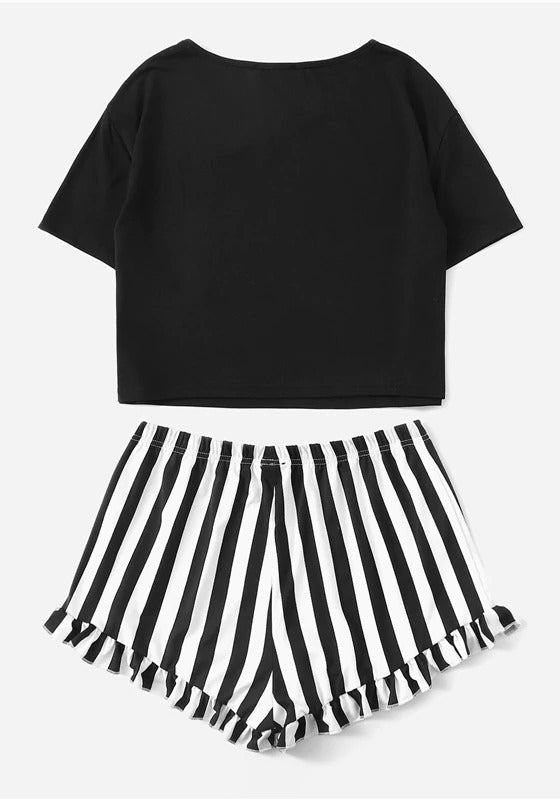 Graphic Tee Frilled Striped Shorts PJ Set