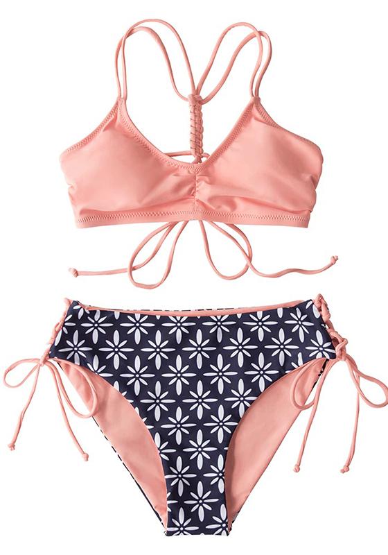 Green Leaf Lace Up Low-Waist Bikini Set