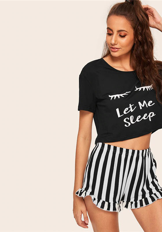 Graphic Tee Frilled Striped Shorts PJ Set