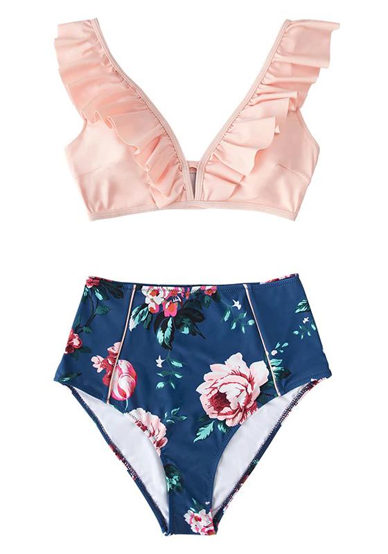 Pink And Blue Floral Ruffled High-Waist Bikini Set