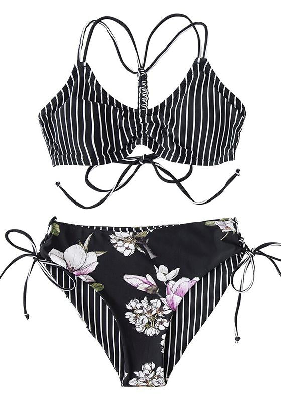 Black Stripe Floral Low Waist Bikini Set