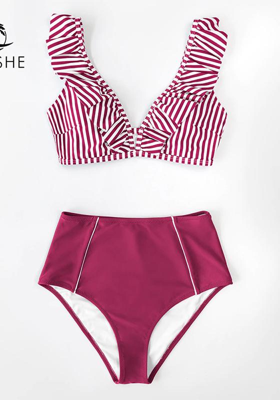 Red Stripe Ruffled High-Waist Bikini Set