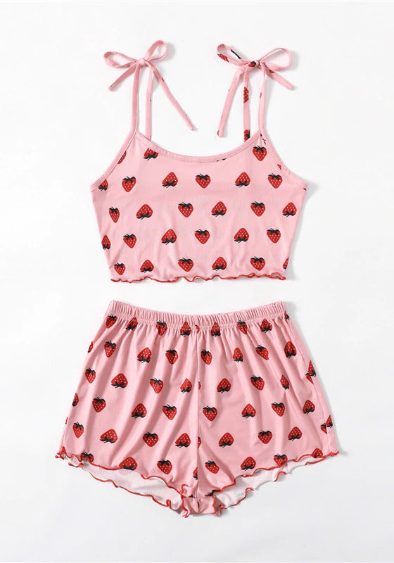 Baby Pink Strawberry Print Knot-straps Pajama Set