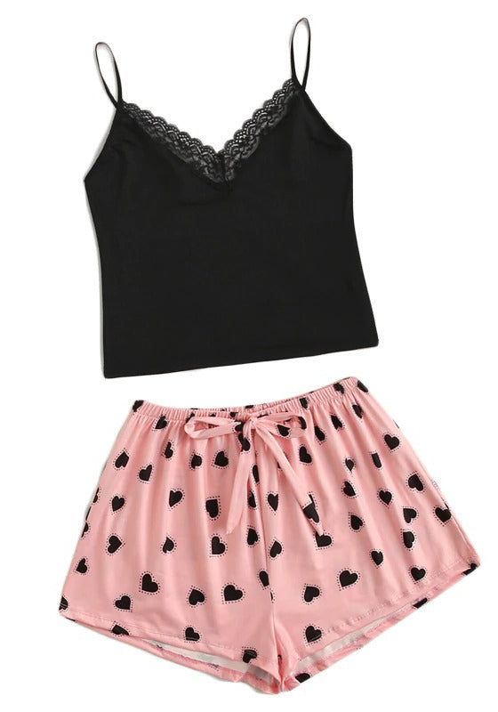 Lace Trim Cami Hearts Shorts PJ Set