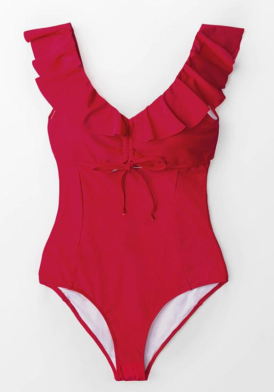 Red Ruffled One Piece Swimsuit