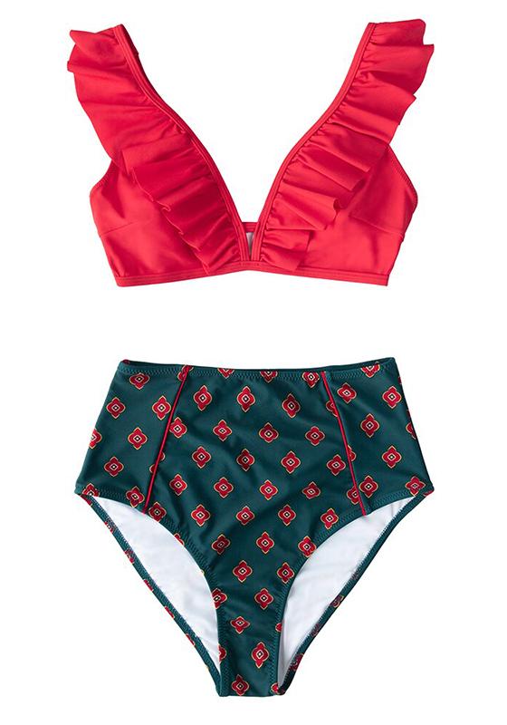 Red Stripe Ruffled High-Waist Bikini Set