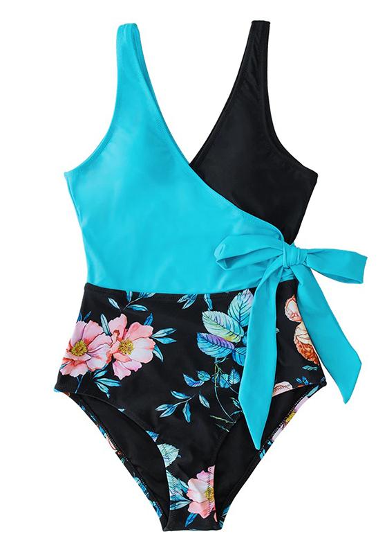 Blue Floral Patchwork V-neck One-Piece