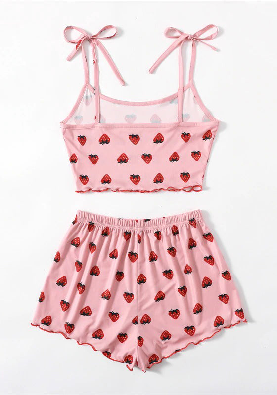 Baby Pink Strawberry Print Knot-straps Pajama Set