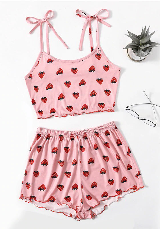 Baby Pink Strawberry Print Knot-straps Pajama Set