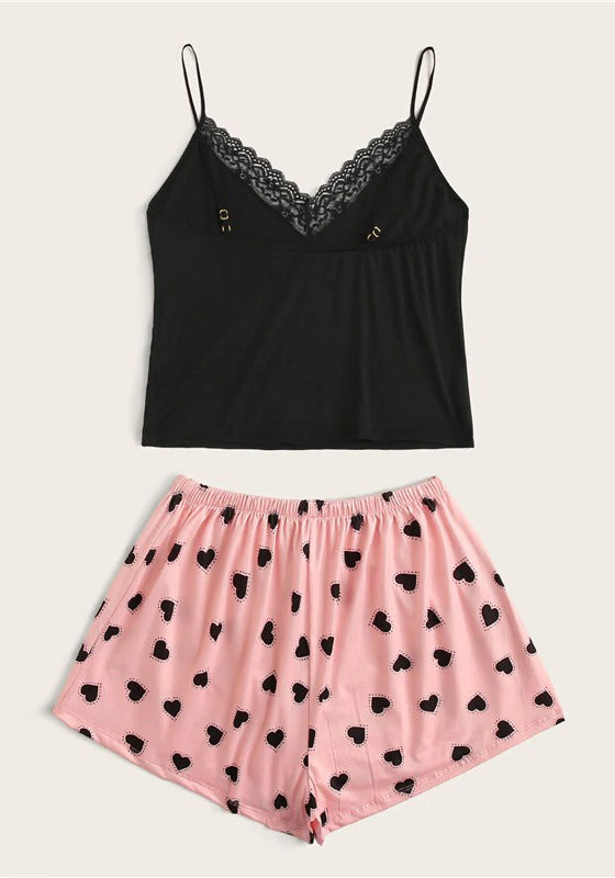 Lace Trim Cami Hearts Shorts PJ Set