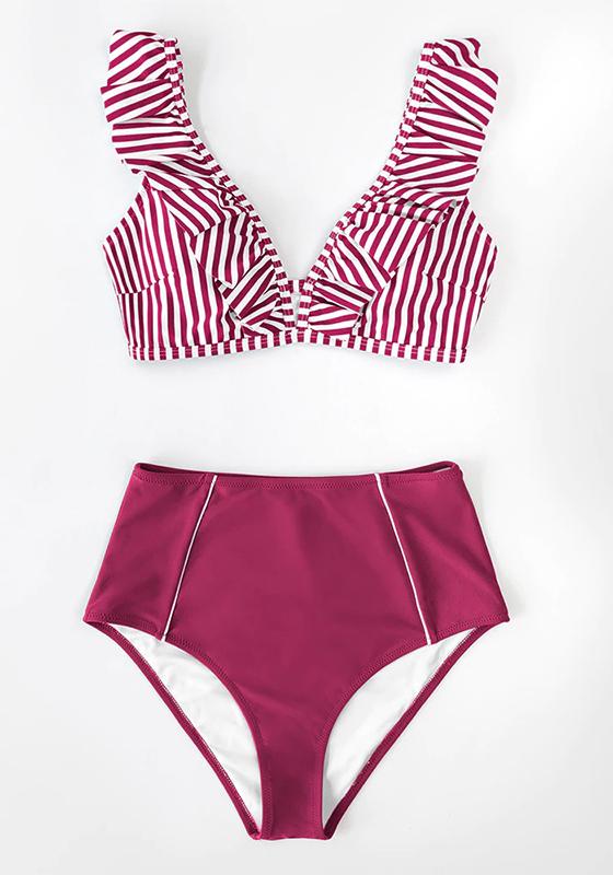 Red Stripe Ruffled High-Waist Bikini Set