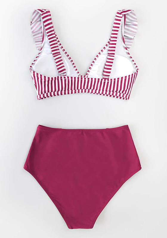 Red Stripe Ruffled High-Waist Bikini Set