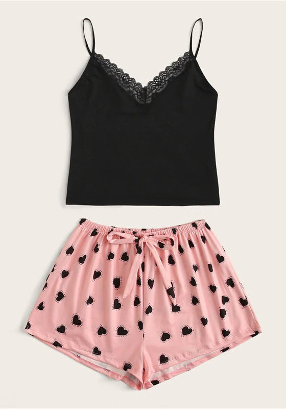 Lace Trim Cami Hearts Shorts PJ Set