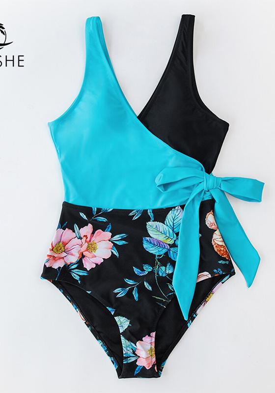 Blue Floral Patchwork V-neck One-Piece