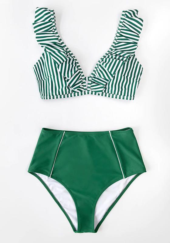 Red Stripe Ruffled High-Waist Bikini Set