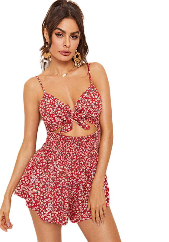 Tie Front Cut Out Floral Romper