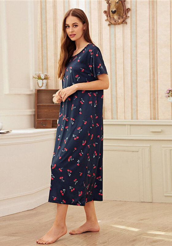 Navy Fruit And Vegetable Print Night Dress